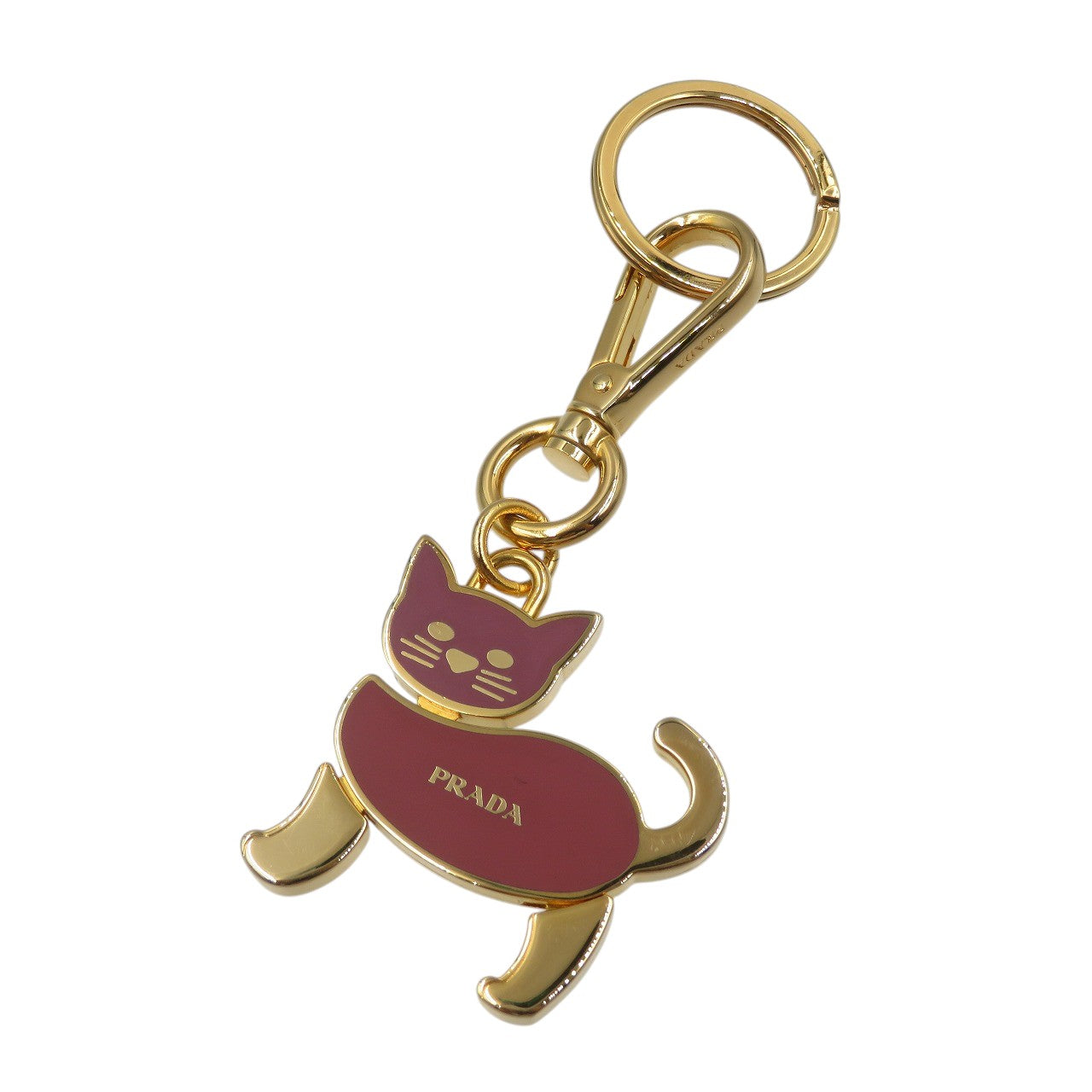 美品 プラダ 1AP433 キャット 猫 メタル ゴールド ピンク キーホルダー キーリング 1356【中古】PRADA