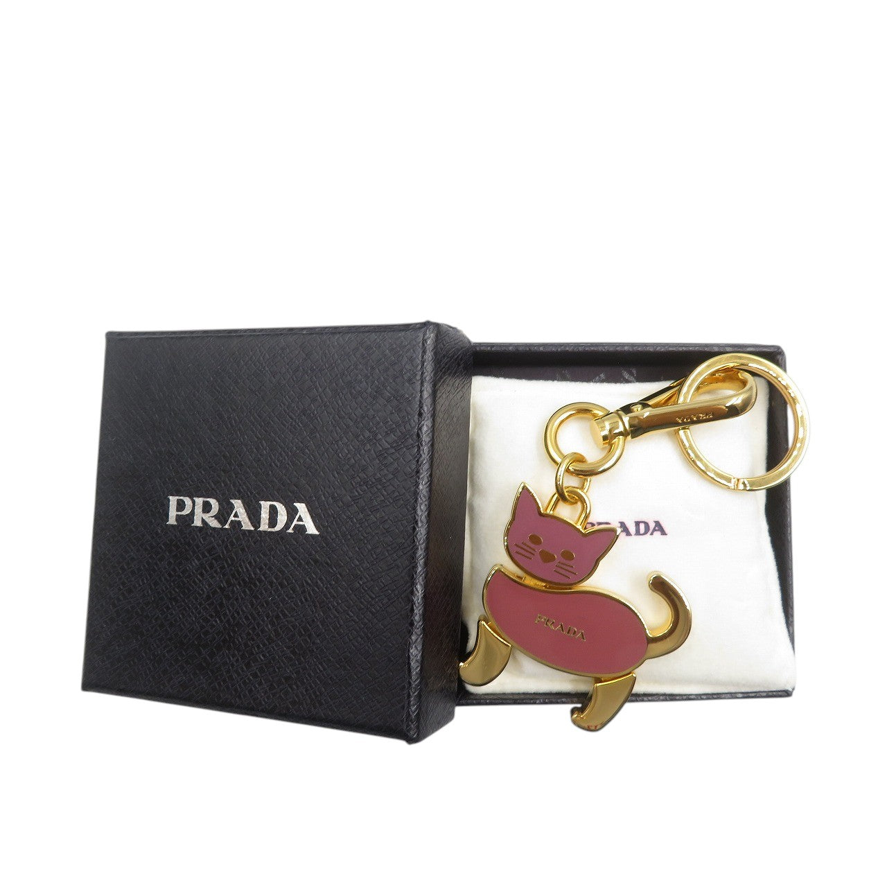 美品 プラダ 1AP433 キャット 猫 メタル ゴールド ピンク キーホルダー キーリング 1356【中古】PRADA