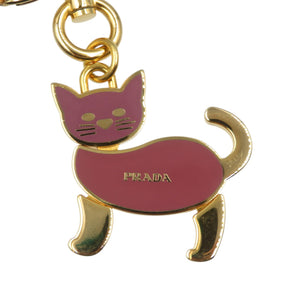 美品 プラダ 1AP433 キャット 猫 メタル ゴールド ピンク キーホルダー キーリング 1356【中古】PRADA