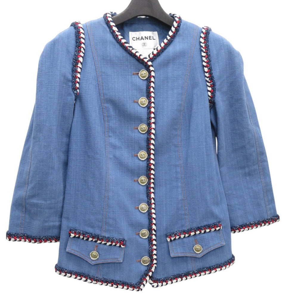 シャネル ノーカラージャケット ココマーク デニムジャケット コットン トリコロール 1371【中古】CHANEL