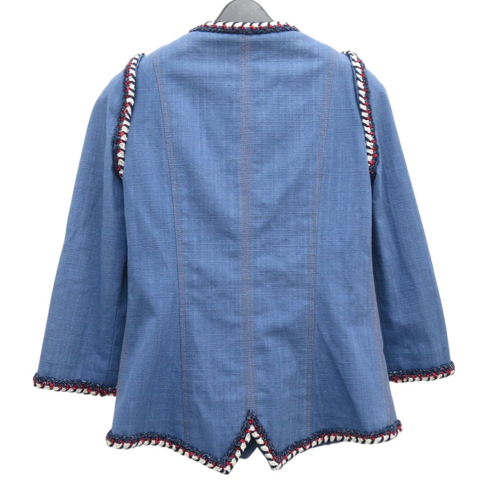 シャネル ノーカラージャケット ココマーク デニムジャケット コットン トリコロール 1371【中古】CHANEL