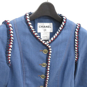 シャネル ノーカラージャケット ココマーク デニムジャケット コットン トリコロール 1371【中古】CHANEL