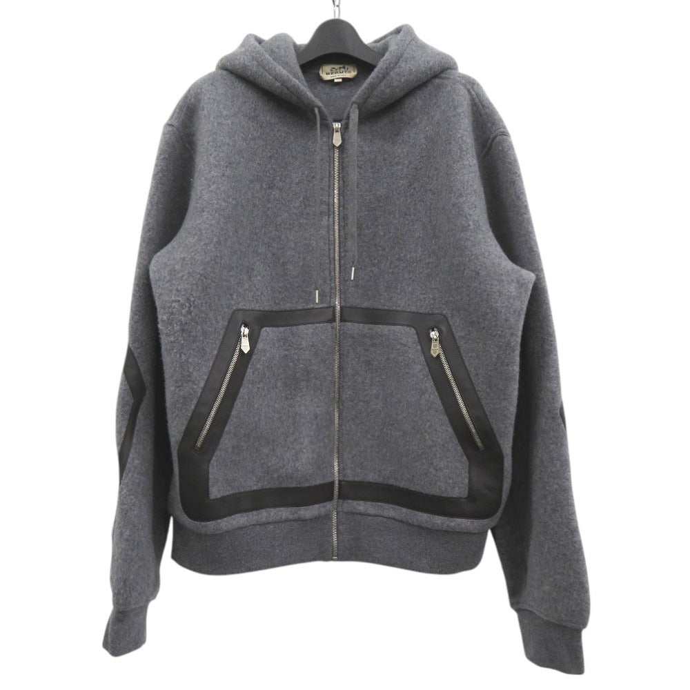 美品 エルメス ニット フーデッド ジップアップパーカー 32-5733 パーカー ウール カシミヤ グレー 1383【中古】HERMES