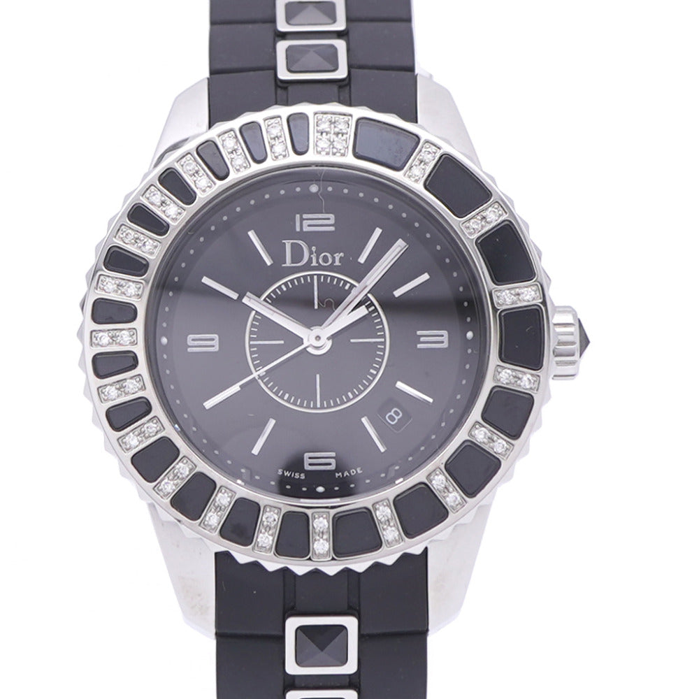 新品同様 ディオール クリスタル ダイヤベゼル CD113115 クオーツ 腕時計 SS/ラバー/ダイヤモンド ブラック 黒文字盤 1389【中古】Dior レディース