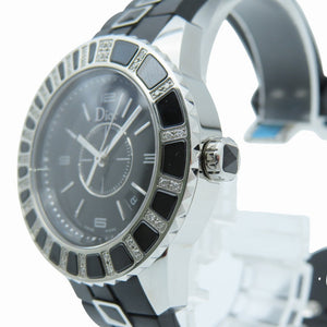 新品同様 ディオール クリスタル ダイヤベゼル CD113115 クオーツ 腕時計 SS/ラバー/ダイヤモンド ブラック 黒文字盤 1389【中古】Dior レディース