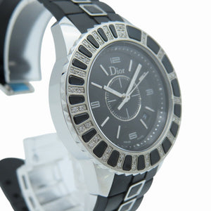 新品同様 ディオール クリスタル ダイヤベゼル CD113115 クオーツ 腕時計 SS/ラバー/ダイヤモンド ブラック 黒文字盤 1389【中古】Dior レディース