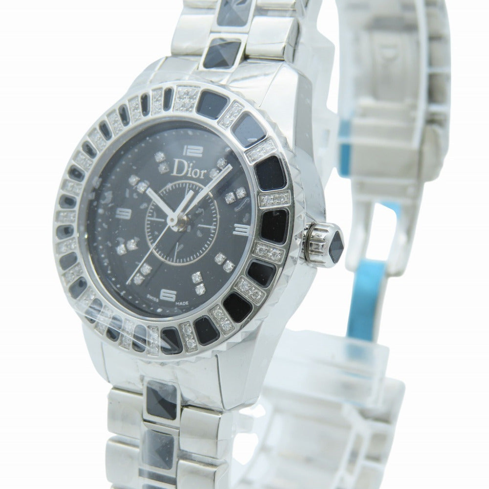 新品同様 ディオール クリスタル ダイヤベゼル CD112116 クオーツ 腕時計 SS/ダイヤモンド ブラック 黒文字盤 1390【中古】Dior レディース