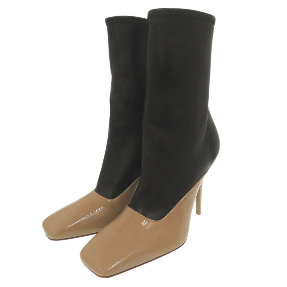 未使用品 バーバリー バイカラー スクエア アンクルブーツ ハイヒール ショートブーツ 8015548 A1386 パテントレザー ブラック 1435【中古】BURBERRY