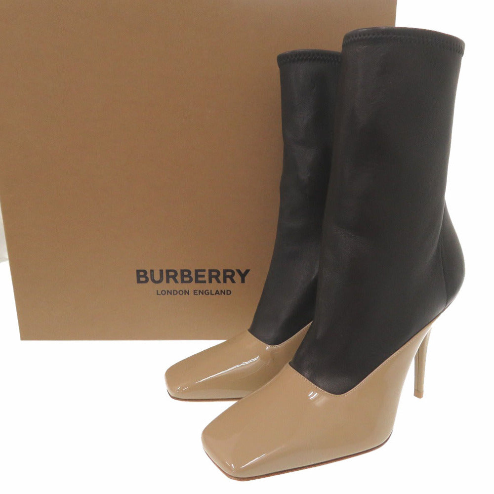 未使用品 バーバリー バイカラー スクエア アンクルブーツ ハイヒール ショートブーツ 8015548 A1386 パテントレザー ブラック 1435【中古】BURBERRY