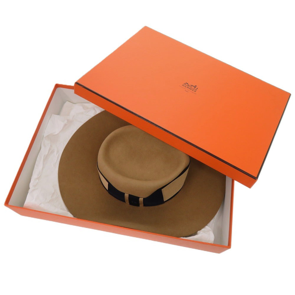 新品同様 エルメス ラパン コットン フェルト ベージュ ハット 帽子 茶 1442【中古】HERMES
