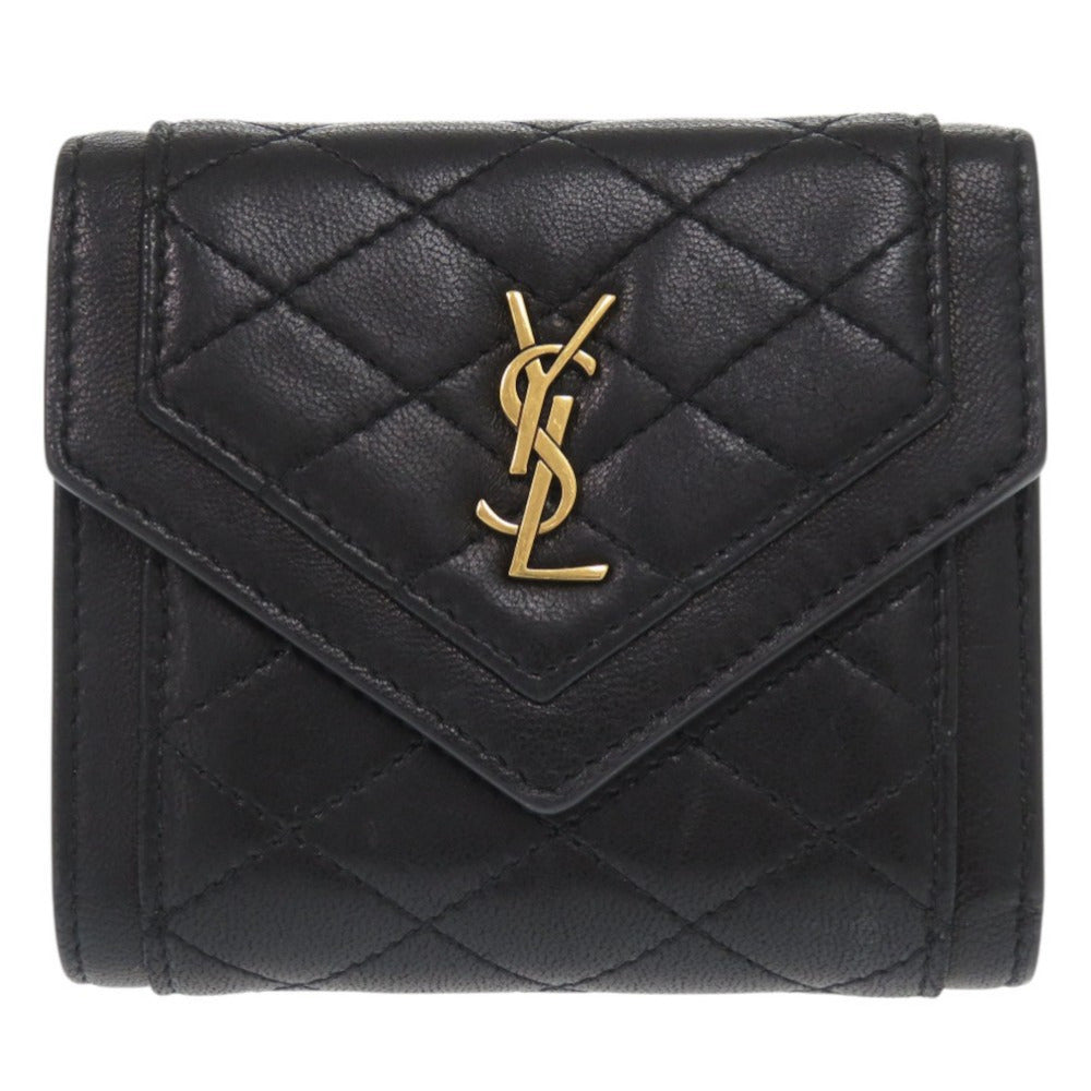 美品 サンローラン キルティング レザー ブラック 三つ折り財布 黒 1465【中古】SAINT LAURENT
