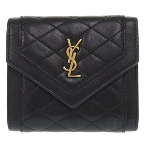美品 サンローラン キルティング レザー ブラック 三つ折り財布 黒 1465【中古】SAINT LAURENT