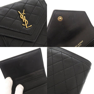 美品 サンローラン キルティング レザー ブラック 三つ折り財布 黒 1465【中古】SAINT LAURENT