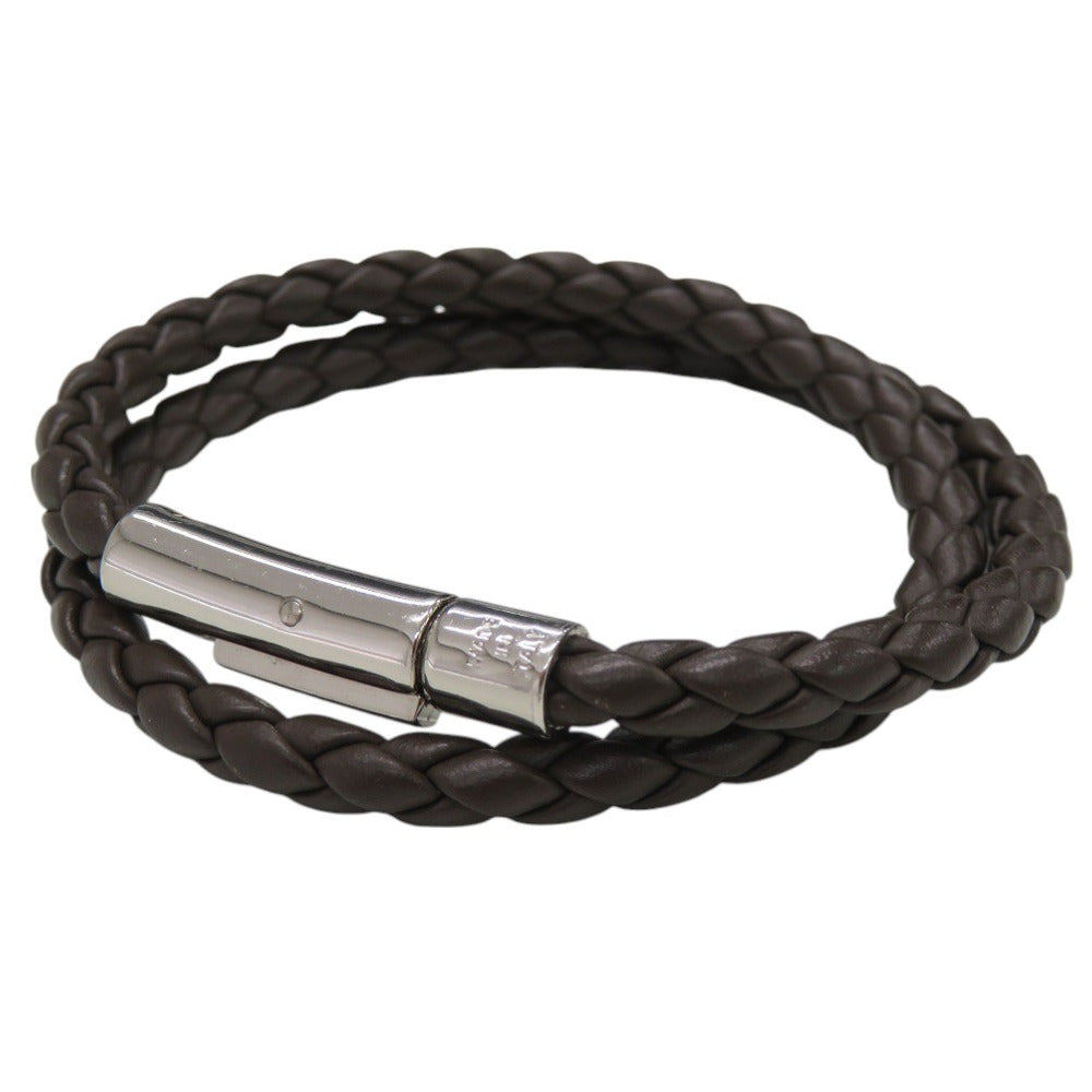 美品 トッズ 2連 編み込み ウーブンブレスレット ロゴ レザー ダークブラウン 1519【中古】TOD’S