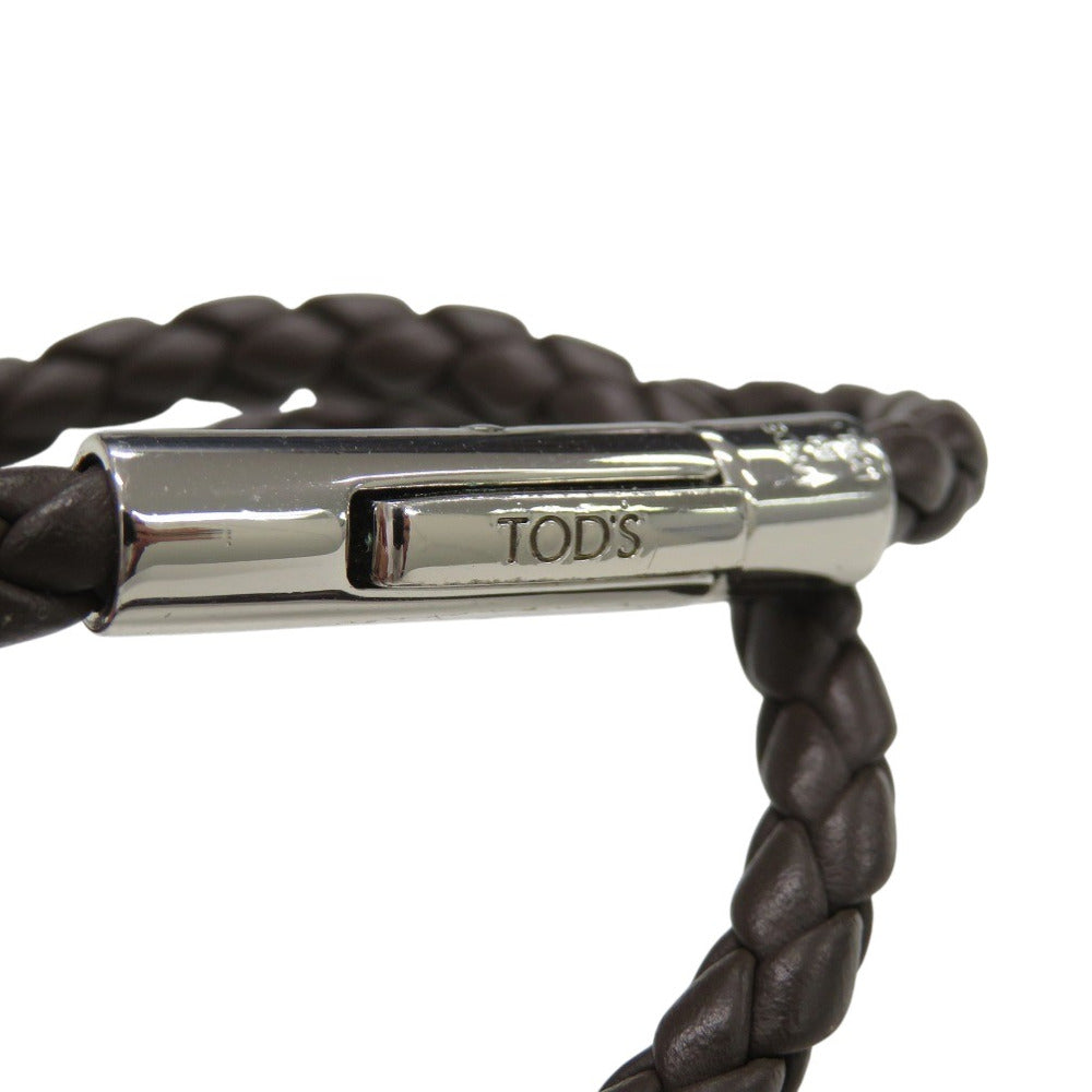 美品 トッズ 2連 編み込み ウーブンブレスレット ロゴ レザー ダークブラウン 1519【中古】TOD’S