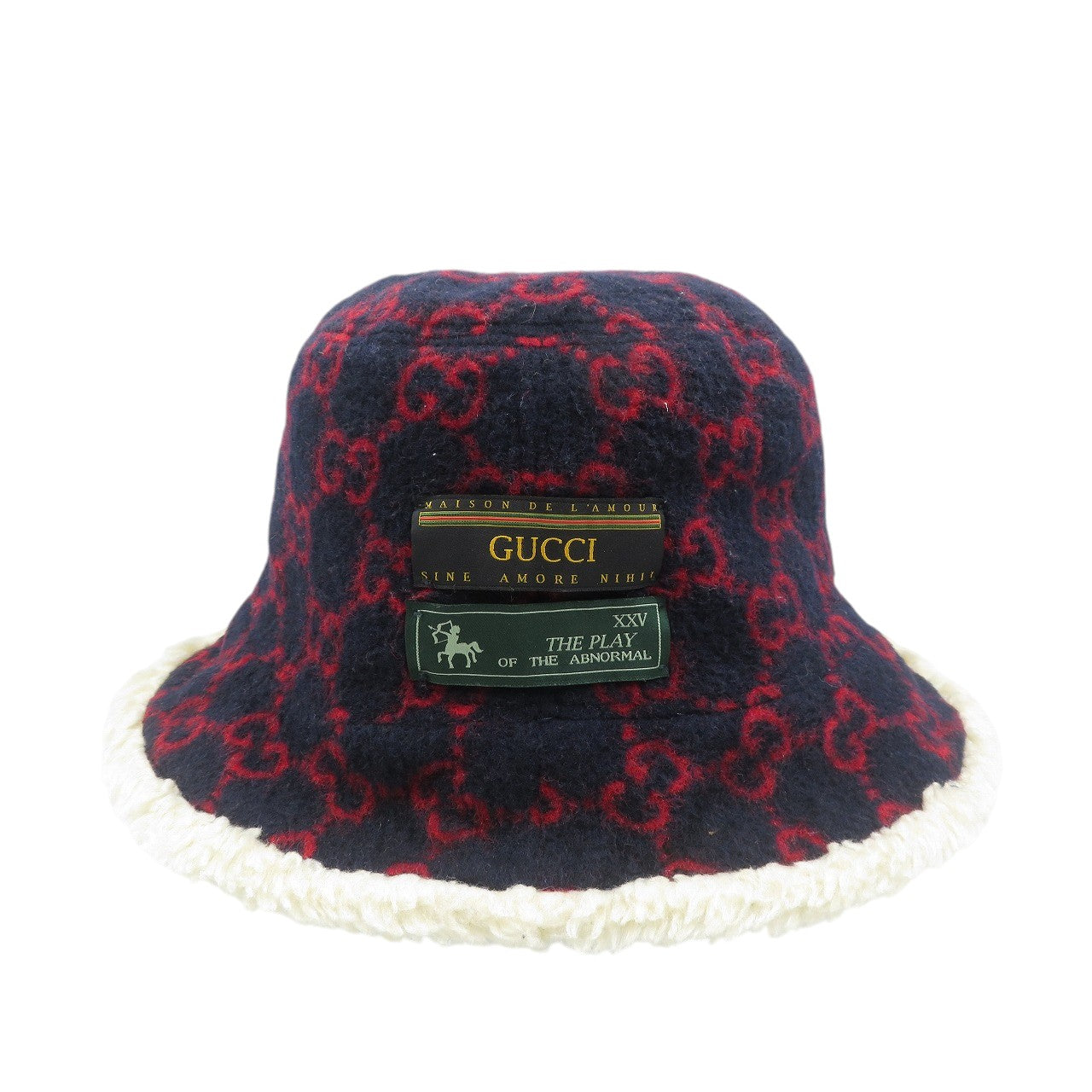 美品 グッチ 604194 L 59cm ウール ネイビー レッド バケットハット 帽子 1524【中古】GUCCI