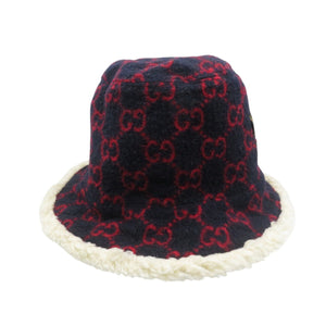 美品 グッチ 604194 L 59cm ウール ネイビー レッド バケットハット 帽子 1524【中古】GUCCI