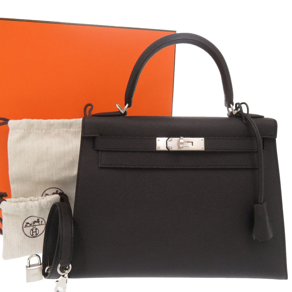 未使用 エルメス ケリー28 外縫い ヴォーエプソン ブラック シルバー金具 W刻印(2024年製) ハンドバッグ 黒 1547【中古】HERMES