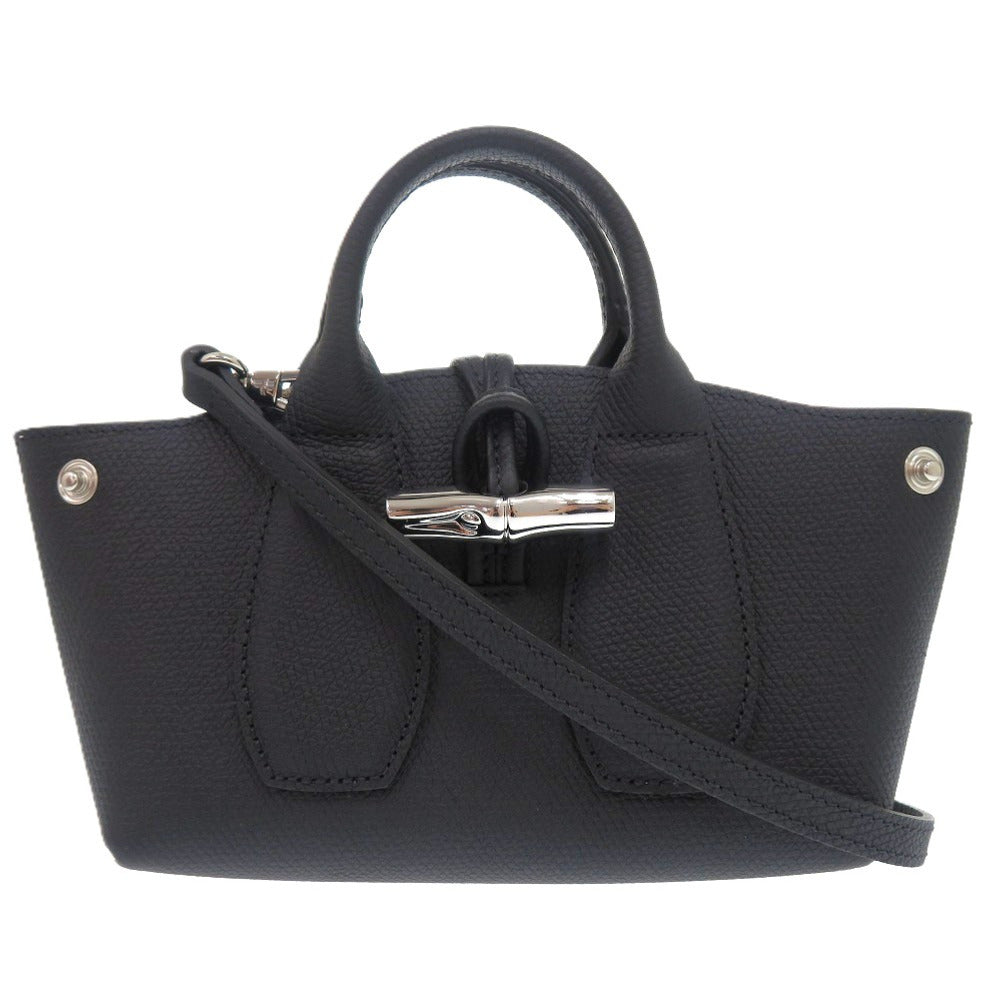 美品  ロンシャン Roseau ロゾ レザー ブラック シルバー金具 ハンドバッグ 黒 1561【中古】 レディース
