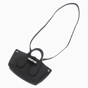 美品  ロンシャン Roseau ロゾ レザー ブラック シルバー金具 ハンドバッグ 黒 1561【中古】 レディース