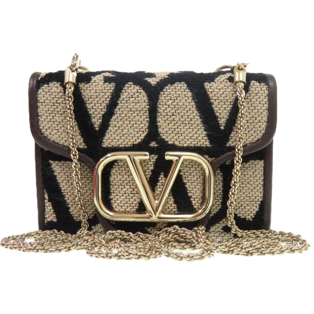 新品同様 ヴァレンティノ ロコ トワル イコノグラフ キャンバス レザー ブラウン ゴールド金具 チェーンウォレット 三つ折り財布 茶 0013【中古】VALENTINO