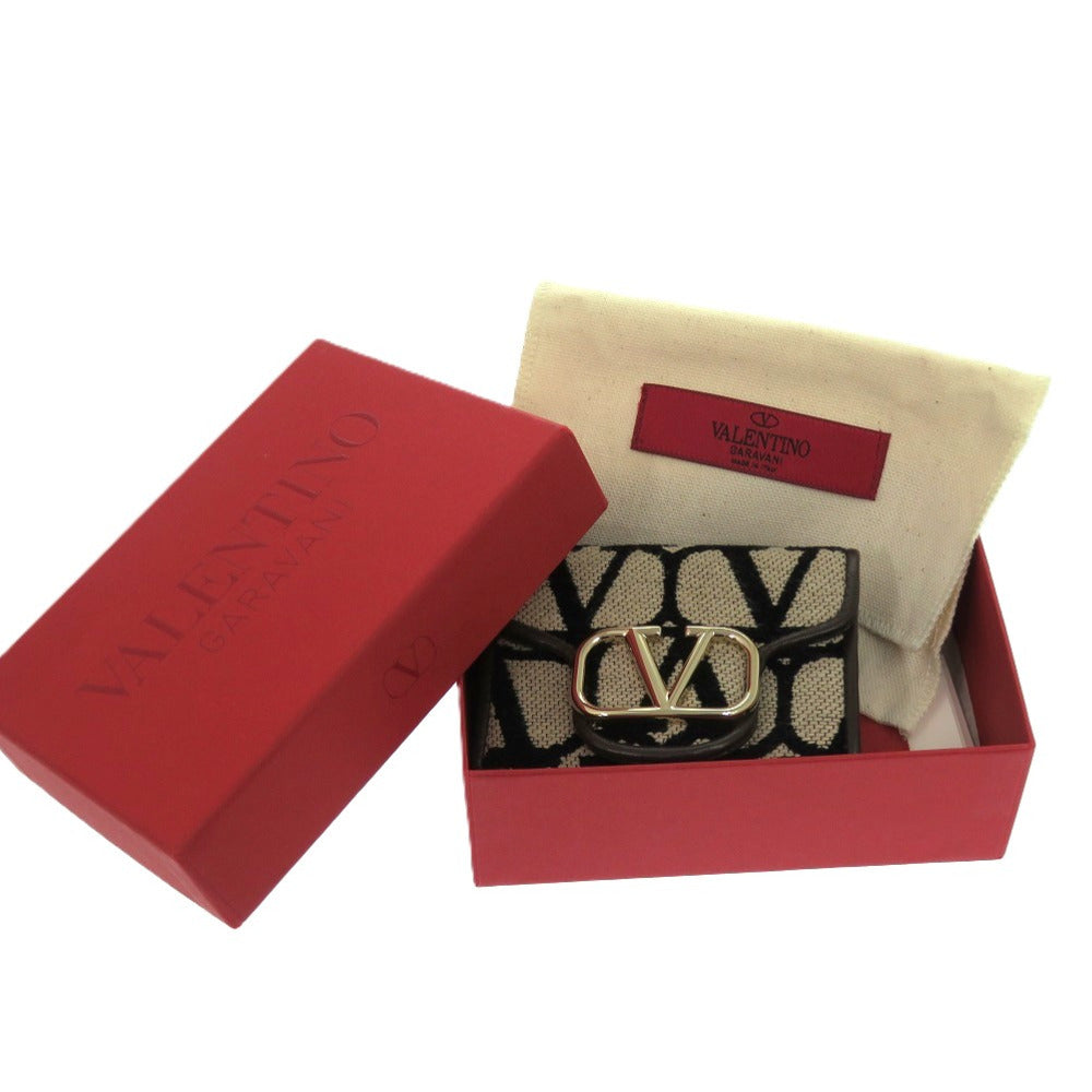 新品同様 ヴァレンティノ ロコ トワル イコノグラフ キャンバス レザー ブラウン ゴールド金具 チェーンウォレット 三つ折り財布 茶 0013【中古】VALENTINO