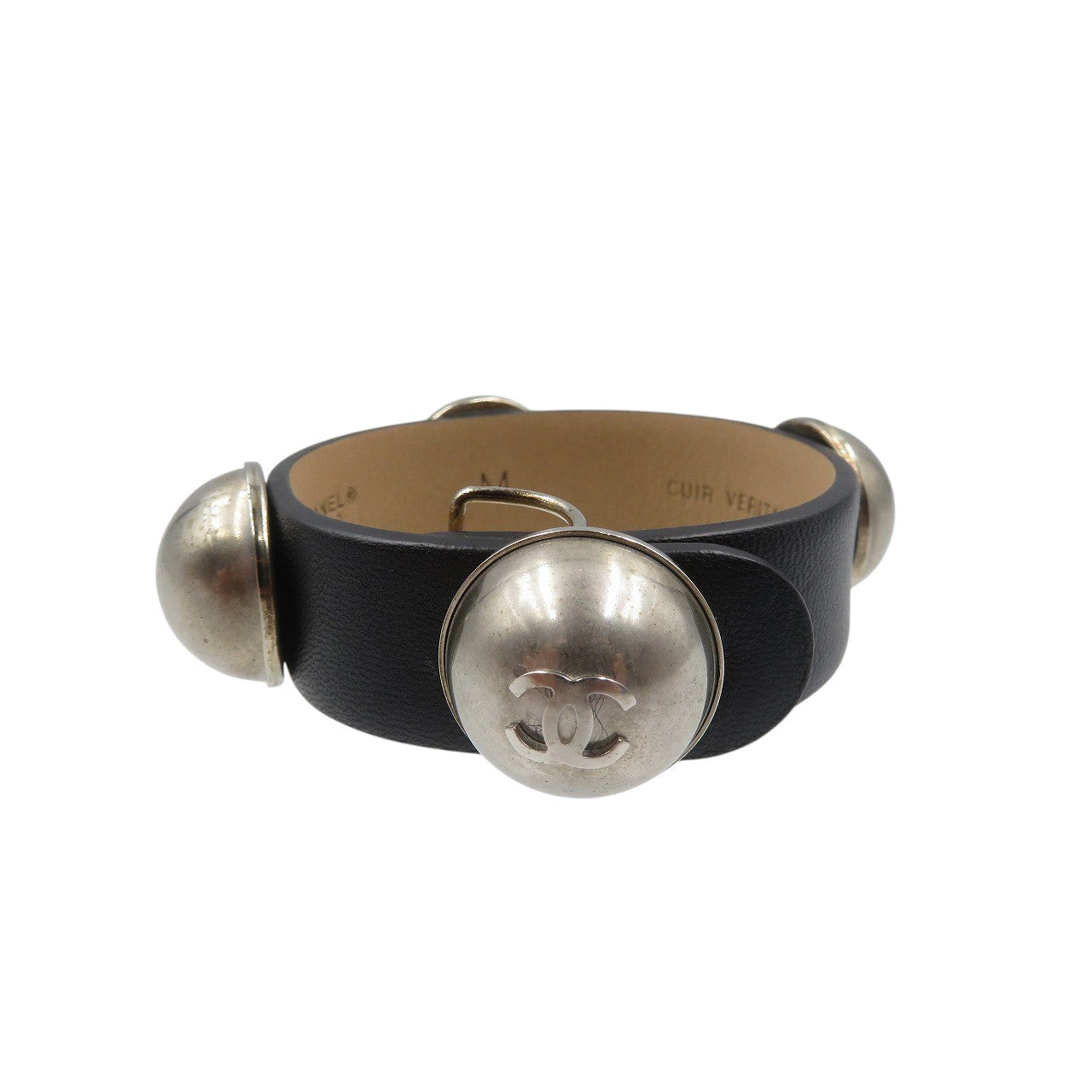 美品 シャネル CUIR VERITABLE Mサイズ レザー メタル ブラック シルバー ブレスレット　0055【中古】CHANEL
