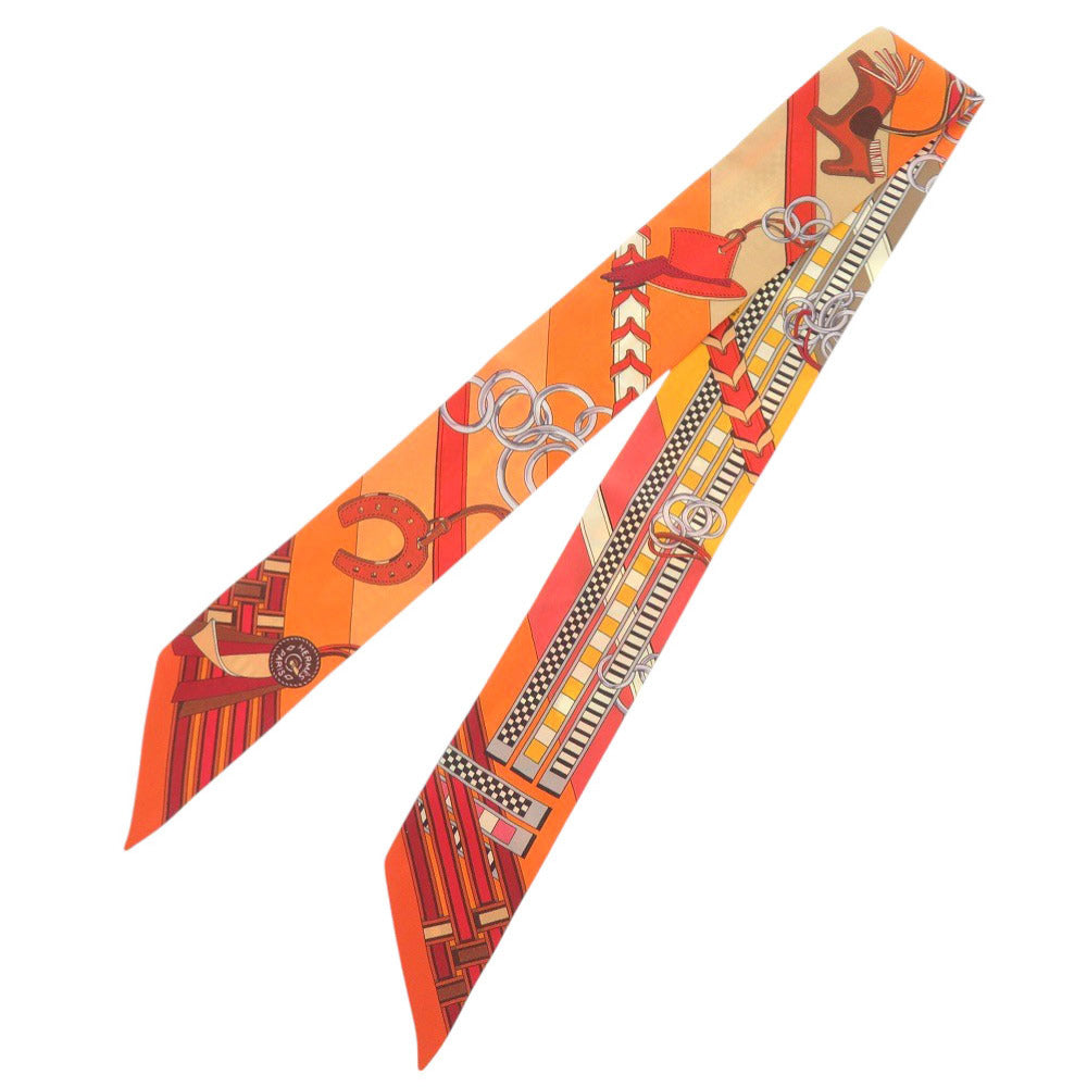 美品 エルメス ツイリー BRIDES ET GRIS GRIS 馬勒とチャーム シルク オレンジ スカーフ 0107【中古】HERMES