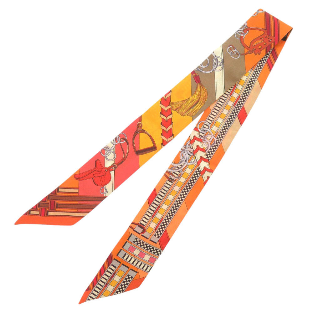 美品 エルメス ツイリー BRIDES ET GRIS GRIS 馬勒とチャーム シルク オレンジ スカーフ 0107【中古】HERMES