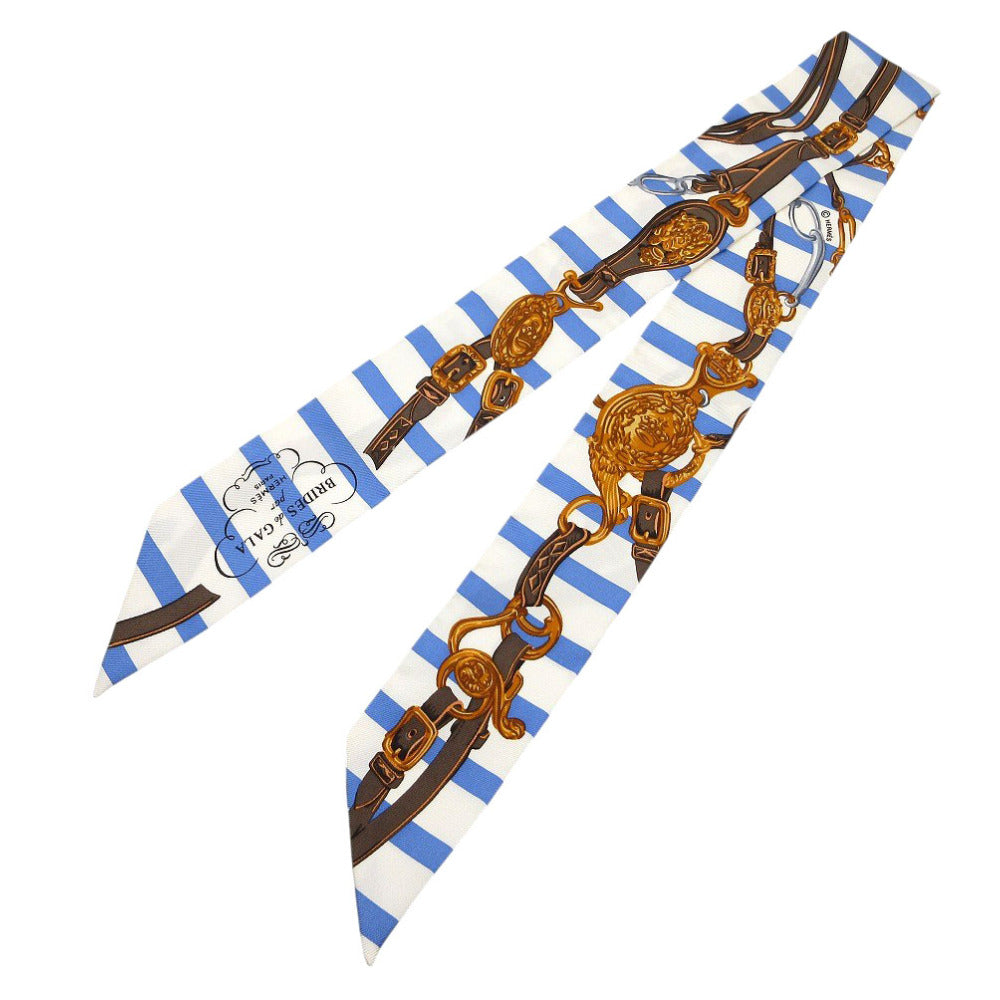 美品 エルメス ツイリー 式典用馬勒 ボーダー スカーフ シルク ライトブルー/ホワイト/マルチカラー 0111【中古】HERMES