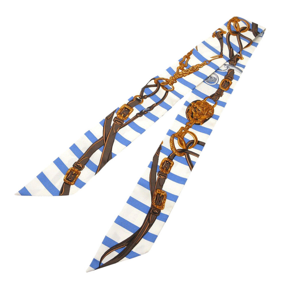 美品 エルメス ツイリー 式典用馬勒 ボーダー スカーフ シルク ライトブルー/ホワイト/マルチカラー 0111【中古】HERMES