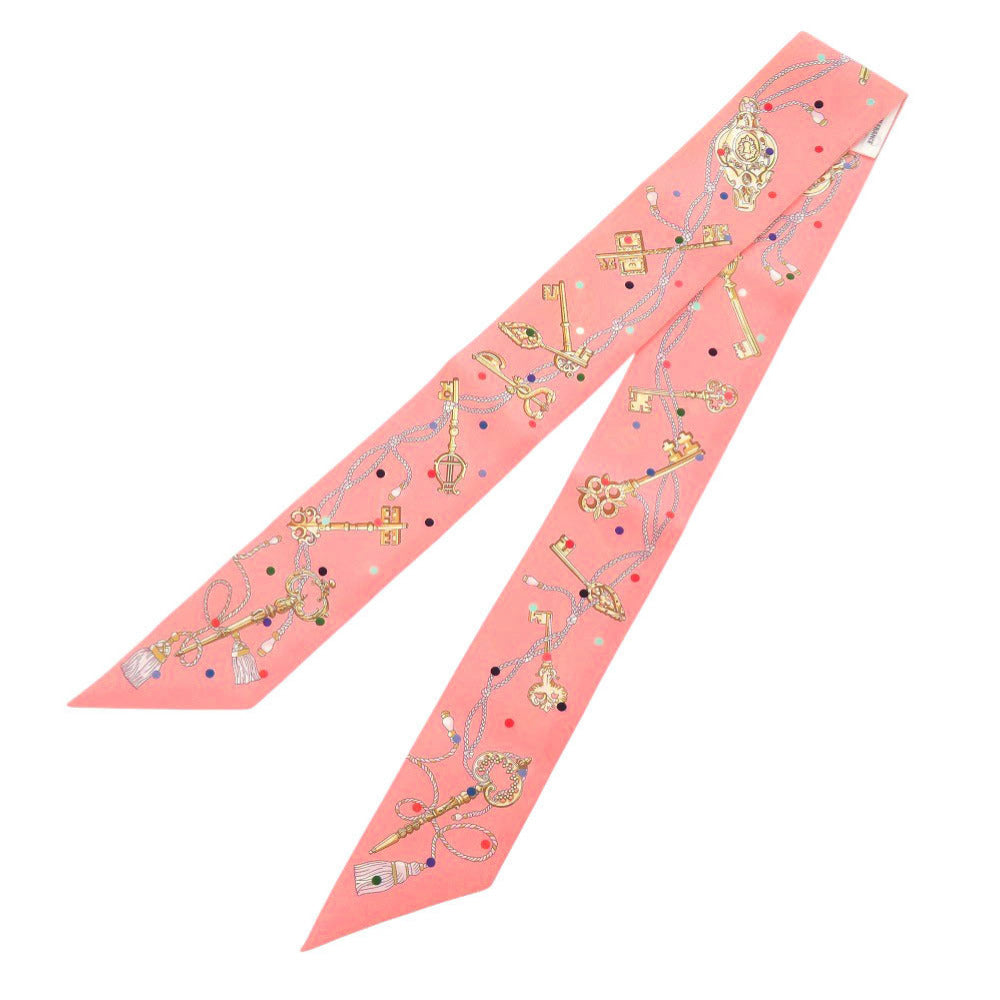 美品 エルメス ツイリー Les Cles a Pois レ クレ ア ポア シルク ピンク スカーフ 0121【中古】HERMES