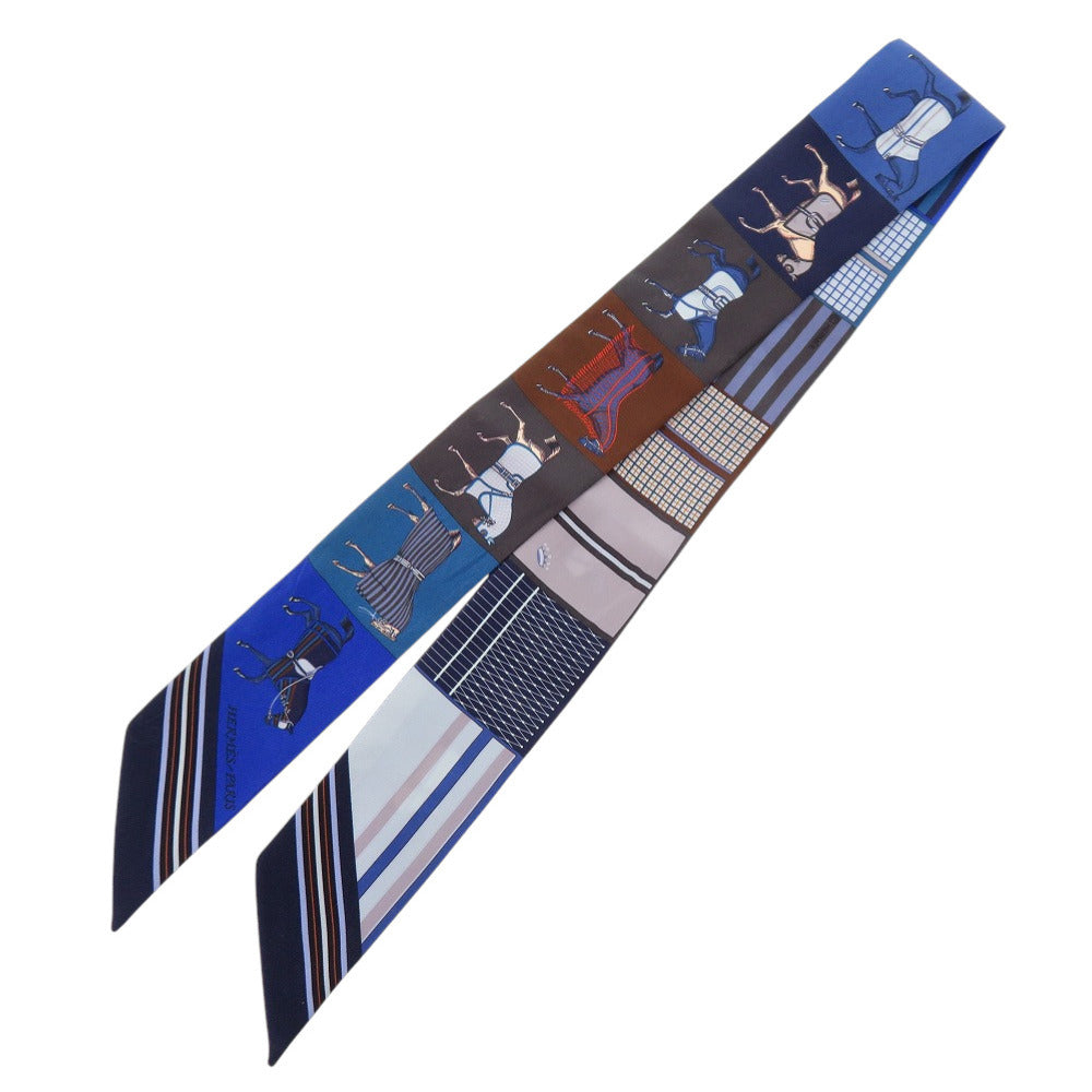 美品 エルメス ツイリー 新・馬着 Couvertures Nouvelles シルク シエル ブルーロイ ヴェール スカーフ 0133【中古】HERMES