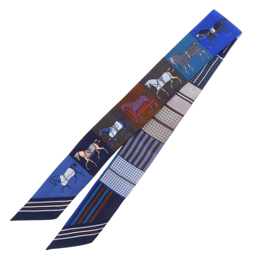 美品 エルメス ツイリー 新・馬着 Couvertures Nouvelles シルク シエル ブルーロイ ヴェール スカーフ 0133【中古】HERMES