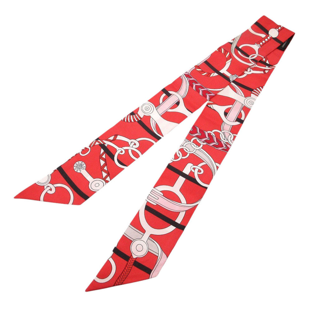 美品 エルメス ツイリー 乗馬の装具一式 スカーフ シルク ルージュ/クリーム/エベンヌ 0135【中古】HERMES