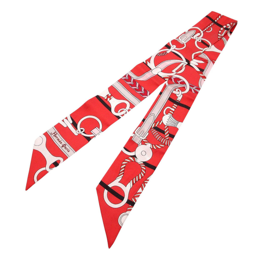 美品 エルメス ツイリー 乗馬の装具一式 スカーフ シルク ルージュ/クリーム/エベンヌ 0135【中古】HERMES