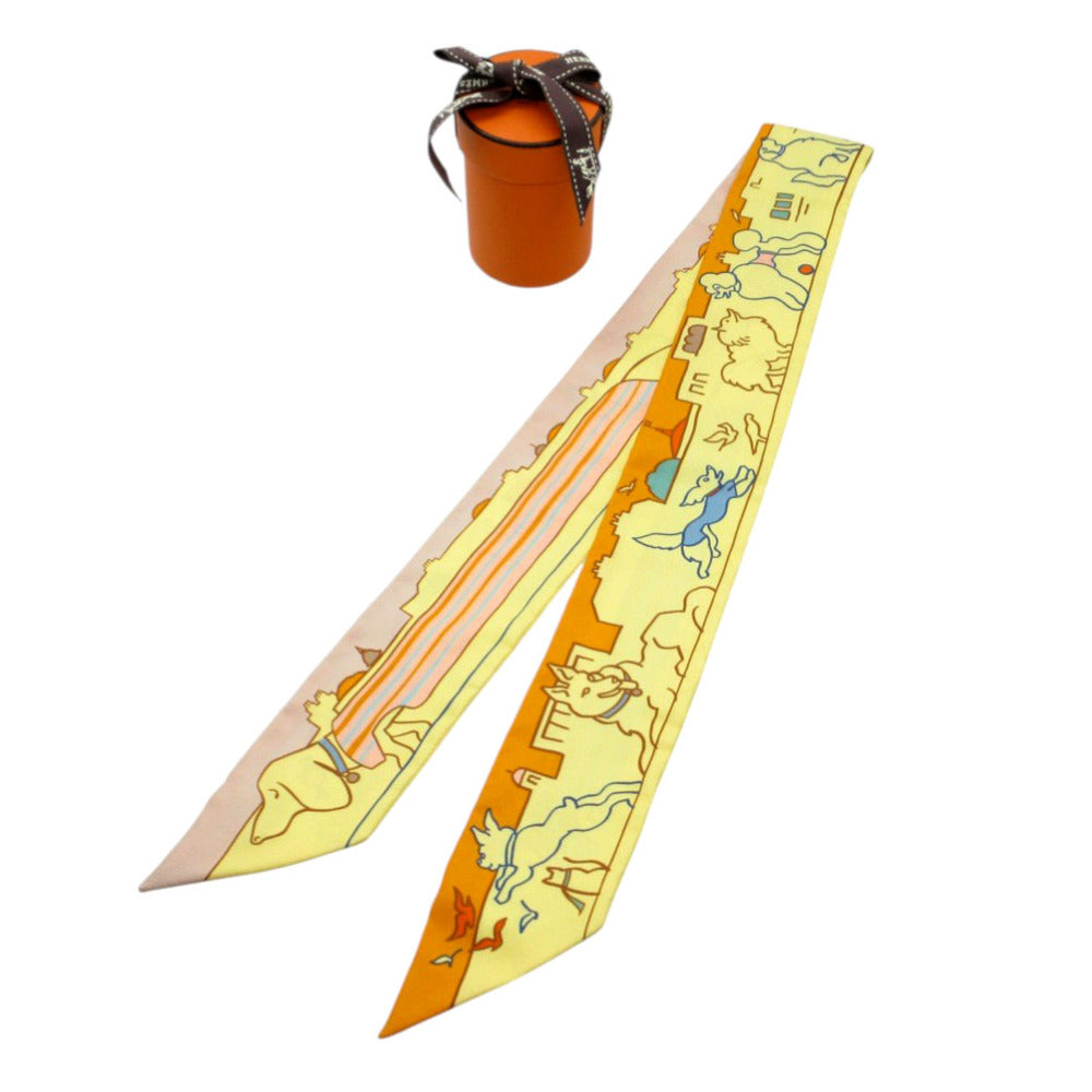 新品同様 エルメス ツイリー パリジャンの犬 スカーフ シルク イエロー/オレンジ 0170【中古】HERMES