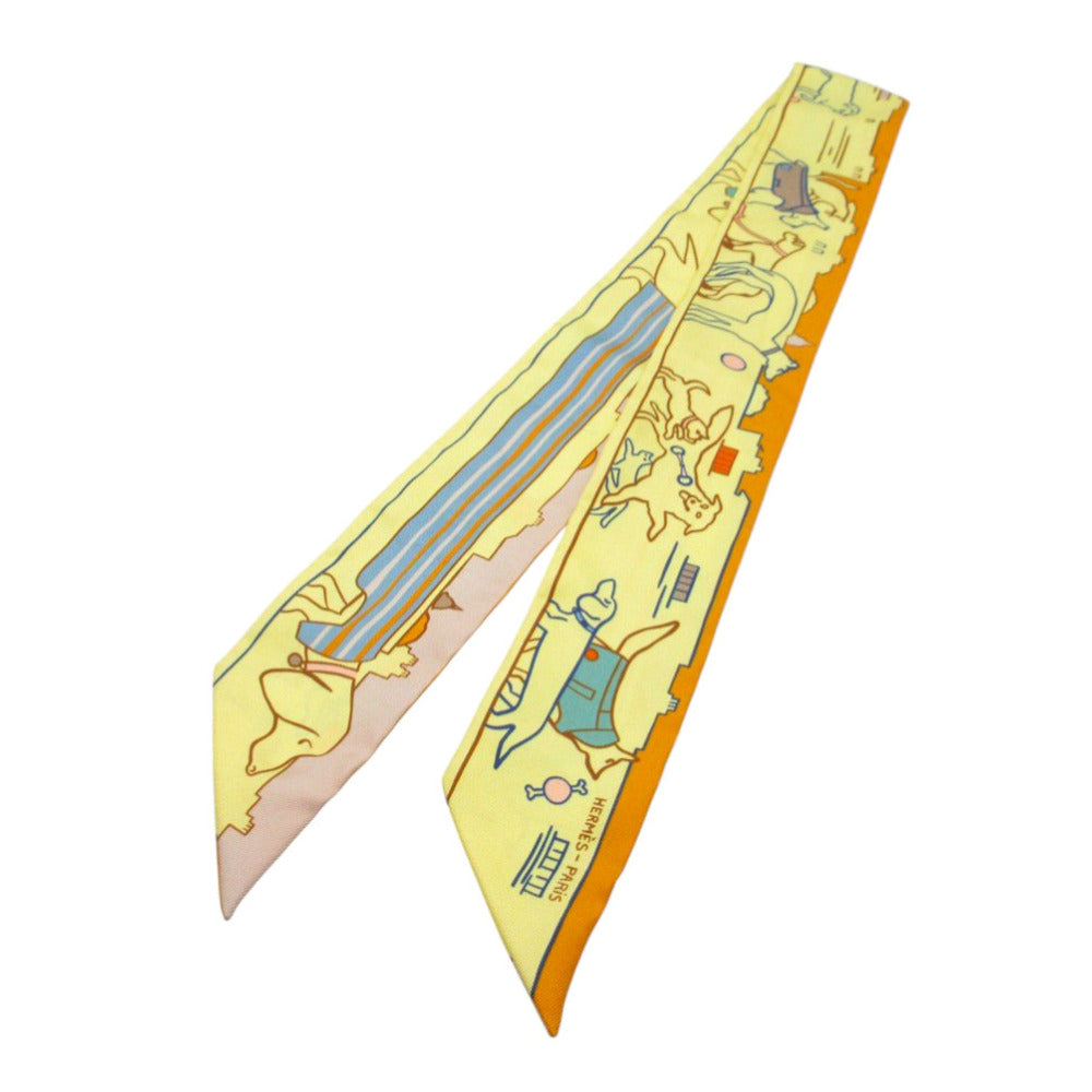 新品同様 エルメス ツイリー パリジャンの犬 スカーフ シルク イエロー/オレンジ 0170【中古】HERMES