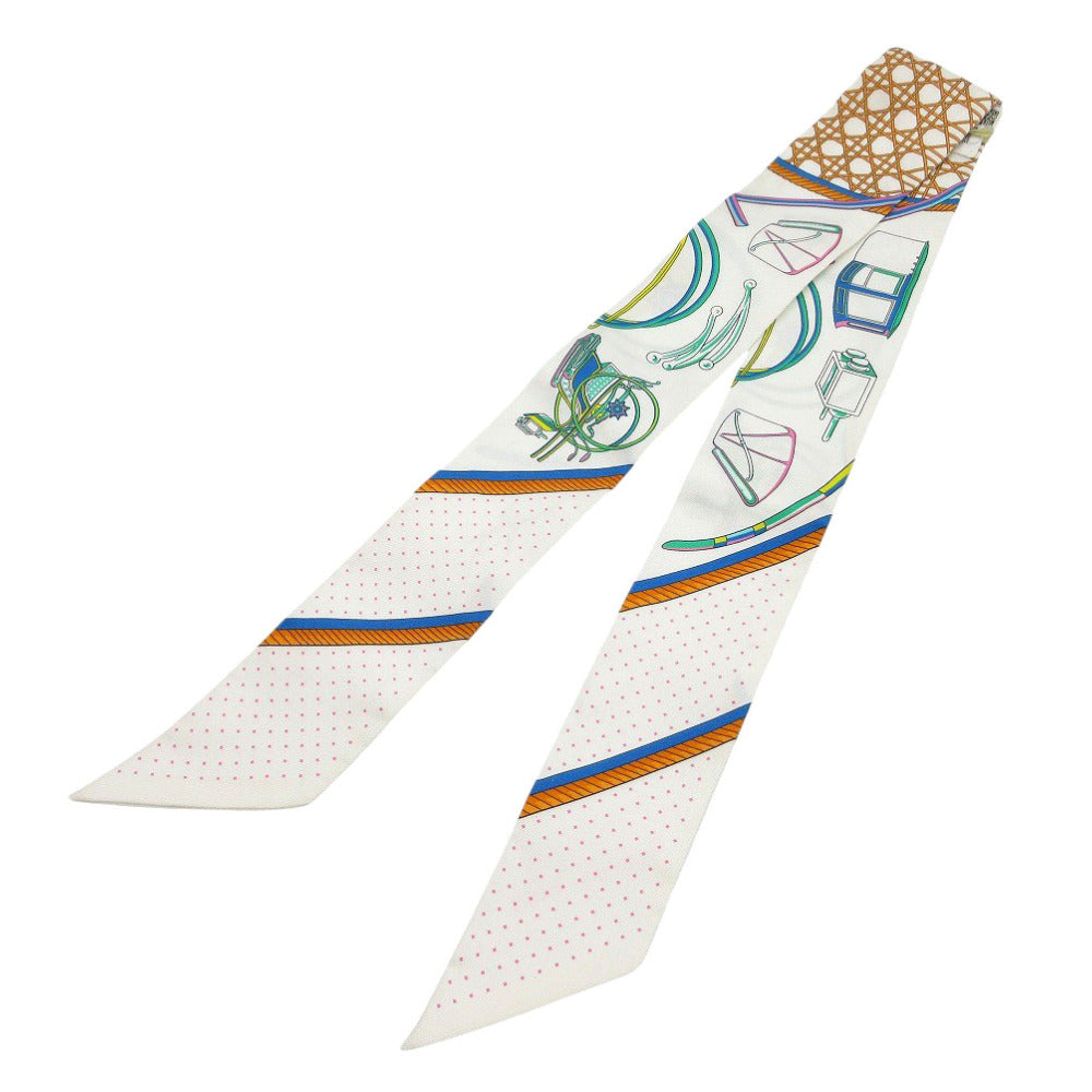 美品 エルメス ツイリー 折りたたみ式幌馬車 スカーフ シルク ホワイト/オレンジ/ヴェール 0171【中古】HERMES