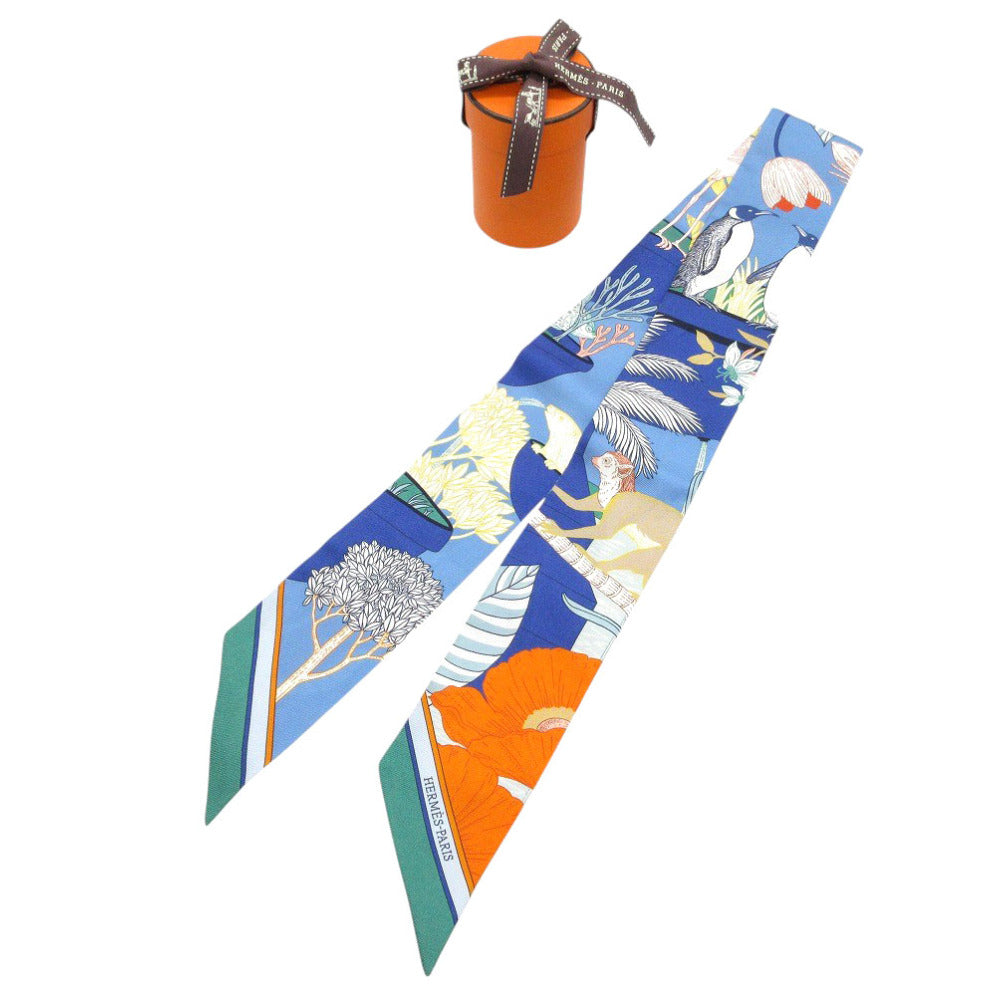 新品同様 エルメス ツイリー プレシャス パラダイス スカーフ シルク ブルージーン/オレンジ/ヴェール 0174【中古】HERMES