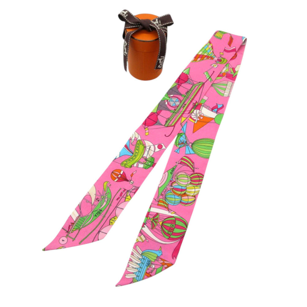 美品 エルメス ツイリー 大空の狂気 気球 飛行船 スカーフ シルク ピンク 0177【中古】HERMES