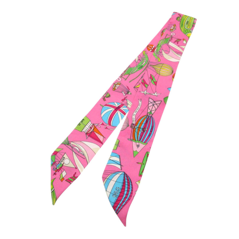 美品 エルメス ツイリー 大空の狂気 気球 飛行船 スカーフ シルク ピンク 0177【中古】HERMES