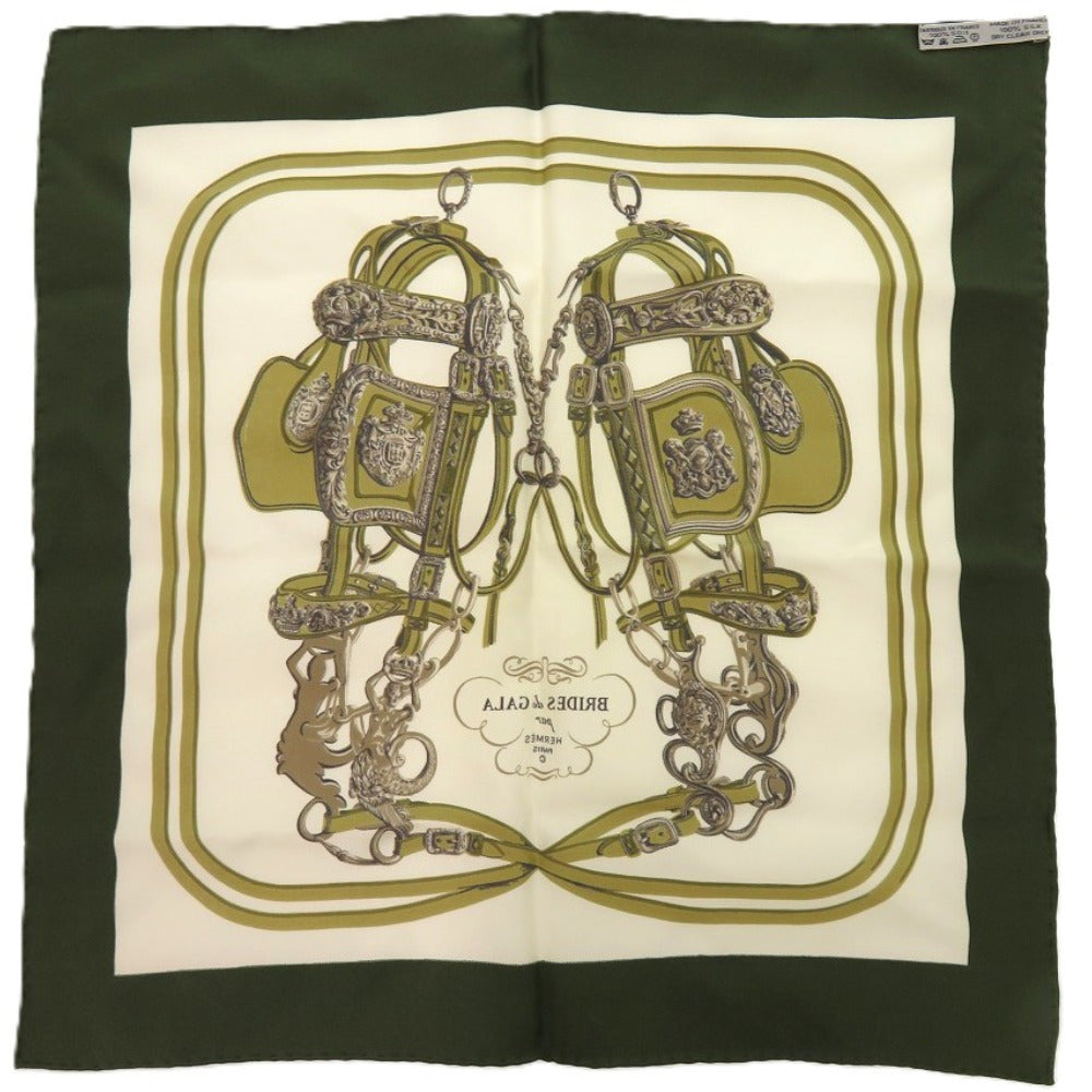 美品 エルメス カレ90 式典用馬勒『BRIDES DE GALA』 シルク グリーン 緑 スカーフ018E【中古】HERMES