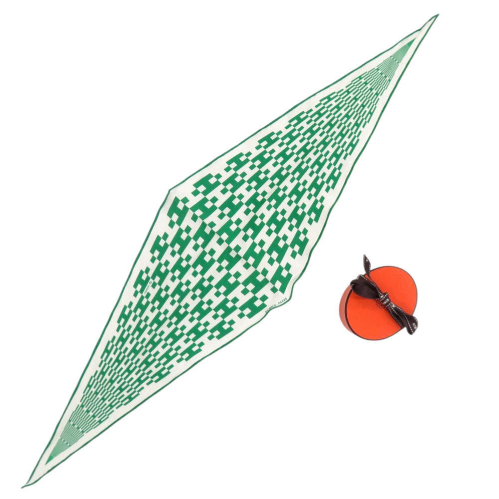 美品 エルメス ロサンジュ シルク グリーン ホワイト スカーフ 0200【中古】HERMES