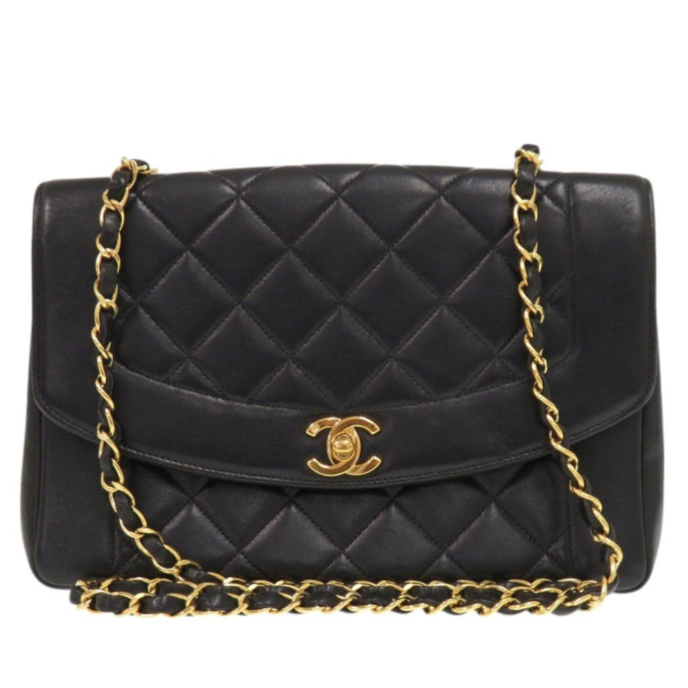 シャネル ダイアナ マトラッセ ラムスキン ブラック ショルダーバッグココマーク 黒 0206【中古】CHANEL