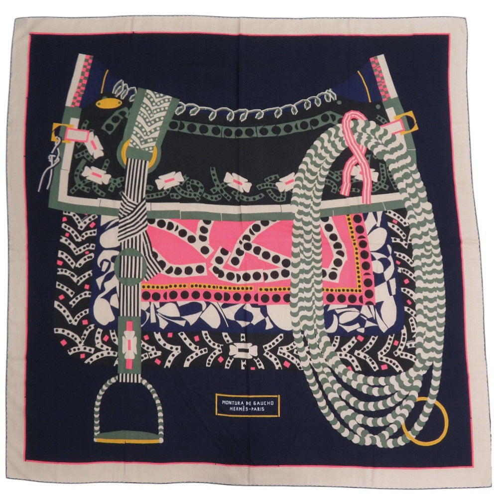 新品同様 エルメス カレジェアン ガウチョの飾り鞍 カシミヤ シルク マルチカラー スカーフ 0226【中古】HERMES