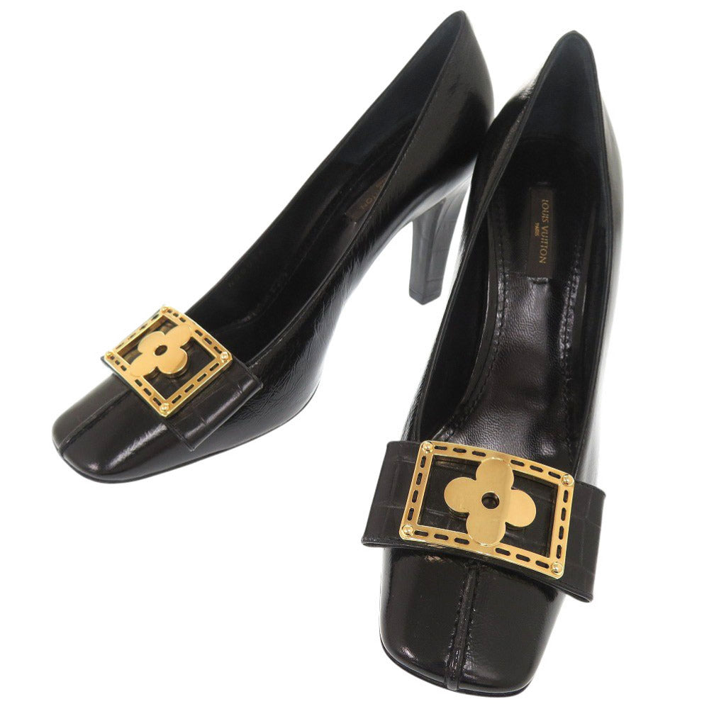 未使用品 ルイ ヴィトン フラワー サイズ37 1/2 クロコ型押しレザー ブラック パンプス 黒 LV 0299【中古】LOUIS VUITTON