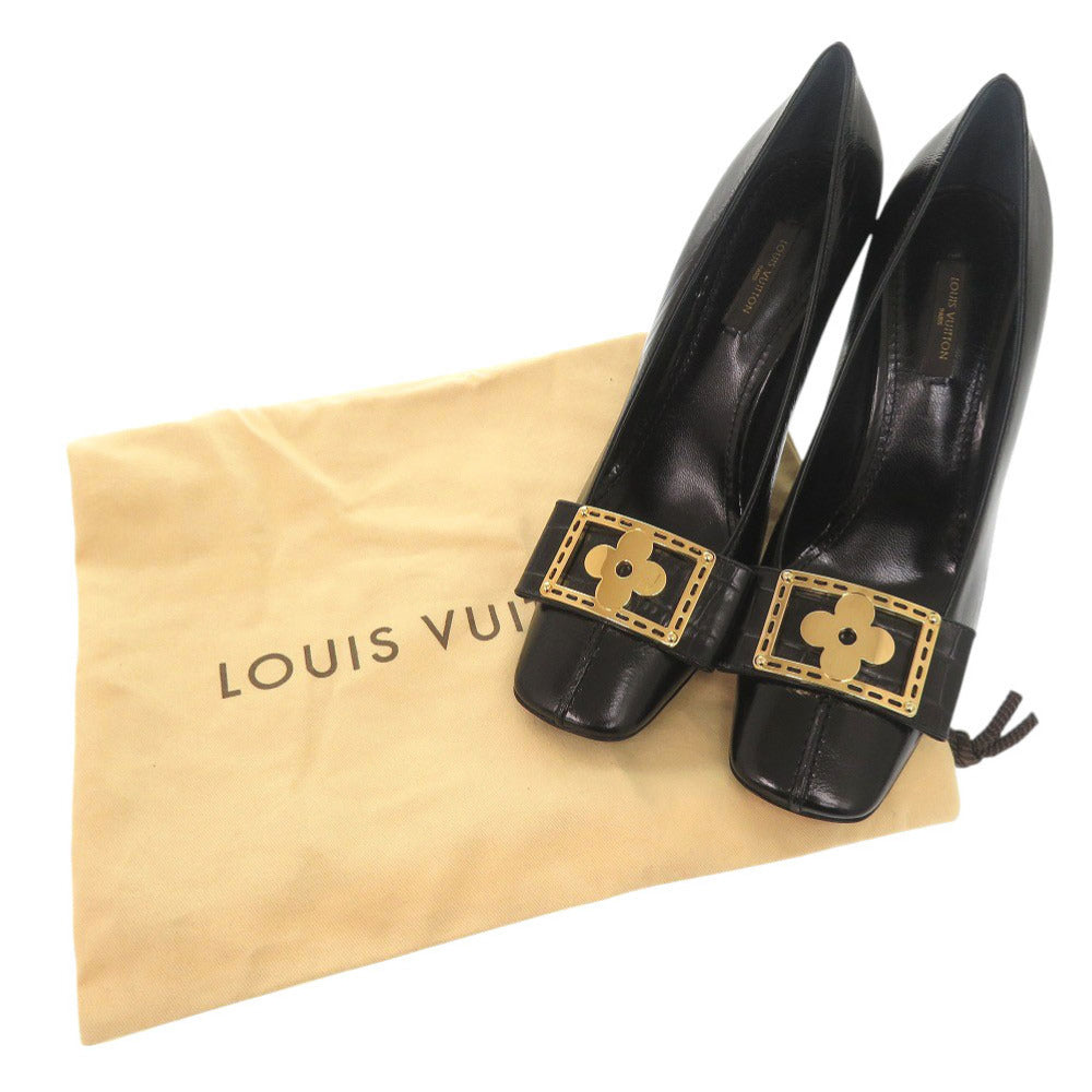 未使用品 ルイ ヴィトン フラワー サイズ37 1/2 クロコ型押しレザー ブラック パンプス 黒 LV 0299【中古】LOUIS VUITTON