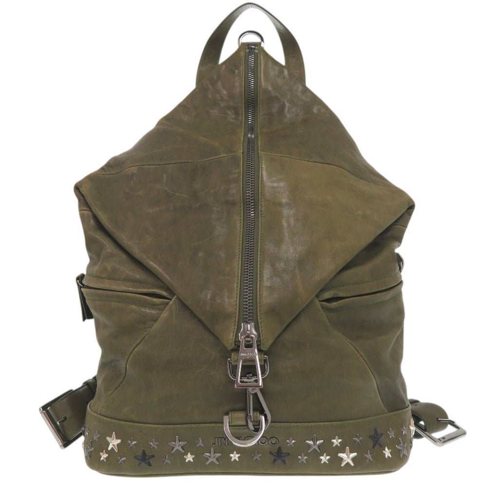ジミーチュウ フィッツロイ スタースタッズ リュック デイパック バックパック 大容量 A4収納 レザー アーミー シルバー 0317【中古】JIMMY CHOO