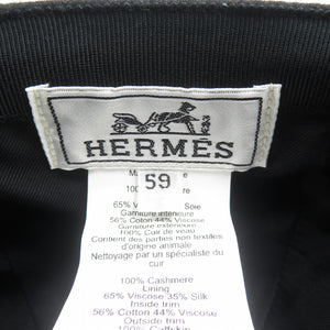 美品 エルメス セレナ エプロンドール 59 カシミヤ レザー シルバー金具 ブラック キャップ 帽子 0352【中古】HERMES